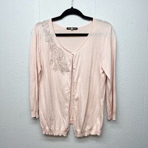 Cable & Gauge Soft Pink Beaded Womens Cardigan Sweater Medium Workwear Soft Girl
